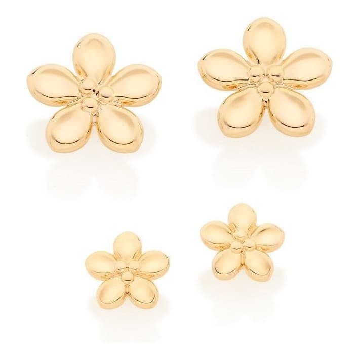 Kit Brinco 2° Segundo Furo Rommanel Flores Folheados a Ouro 2 pares 526423