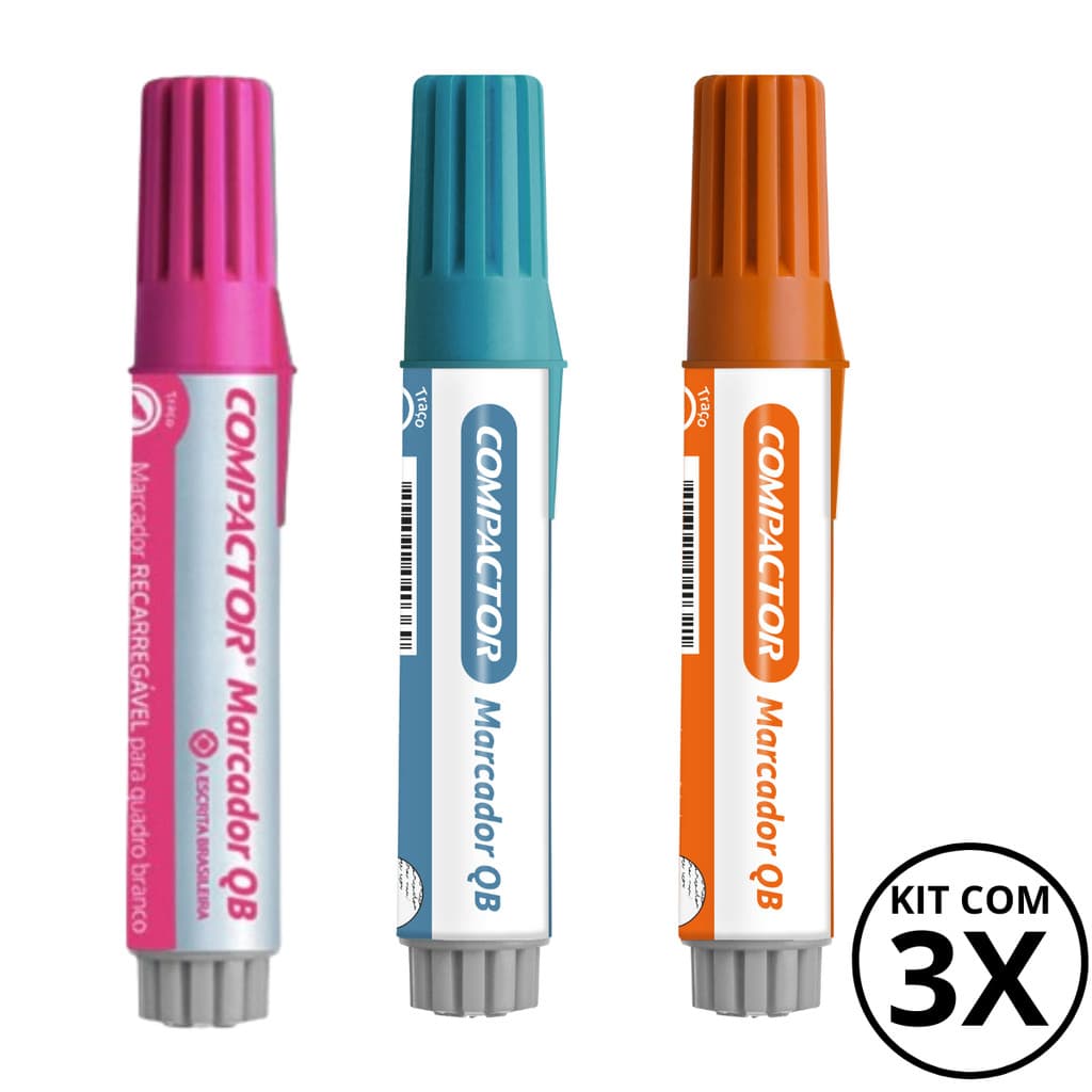 Kit com 3 Marcadores Para Quadro Branco - COMPACTOR COR:ROSA+TURQUESA+LARANJA