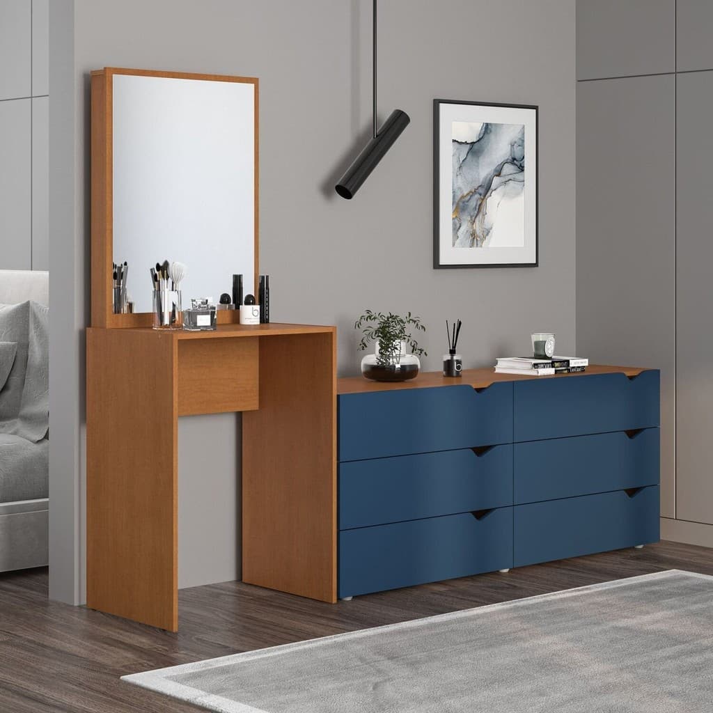 Cômoda para Quarto 6 Gavetas com Espelho Porto Azul/Freijó