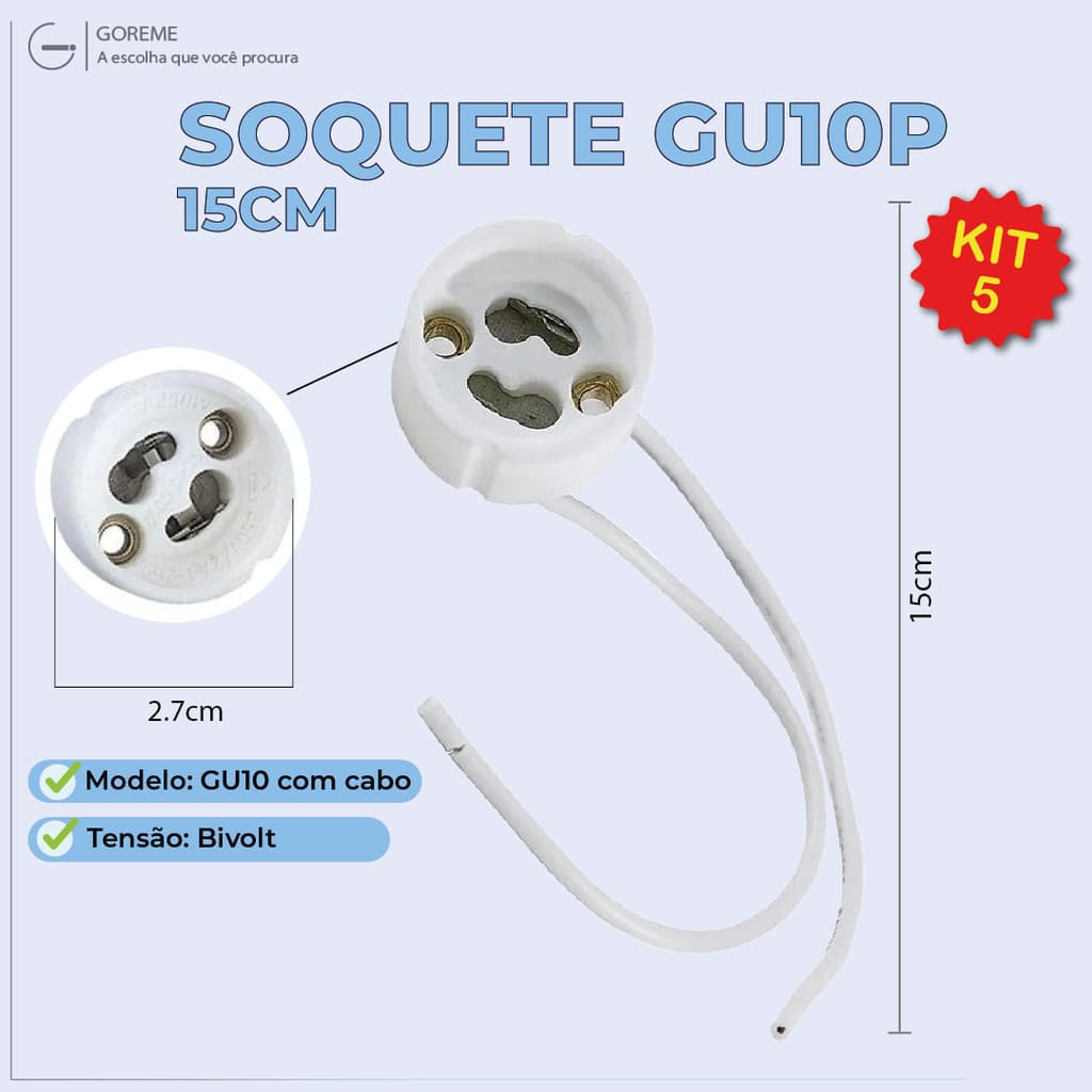 Kit 5 Soquete p/ Lâmpada Gu10 15CM Dicroica com cabo Bivolt