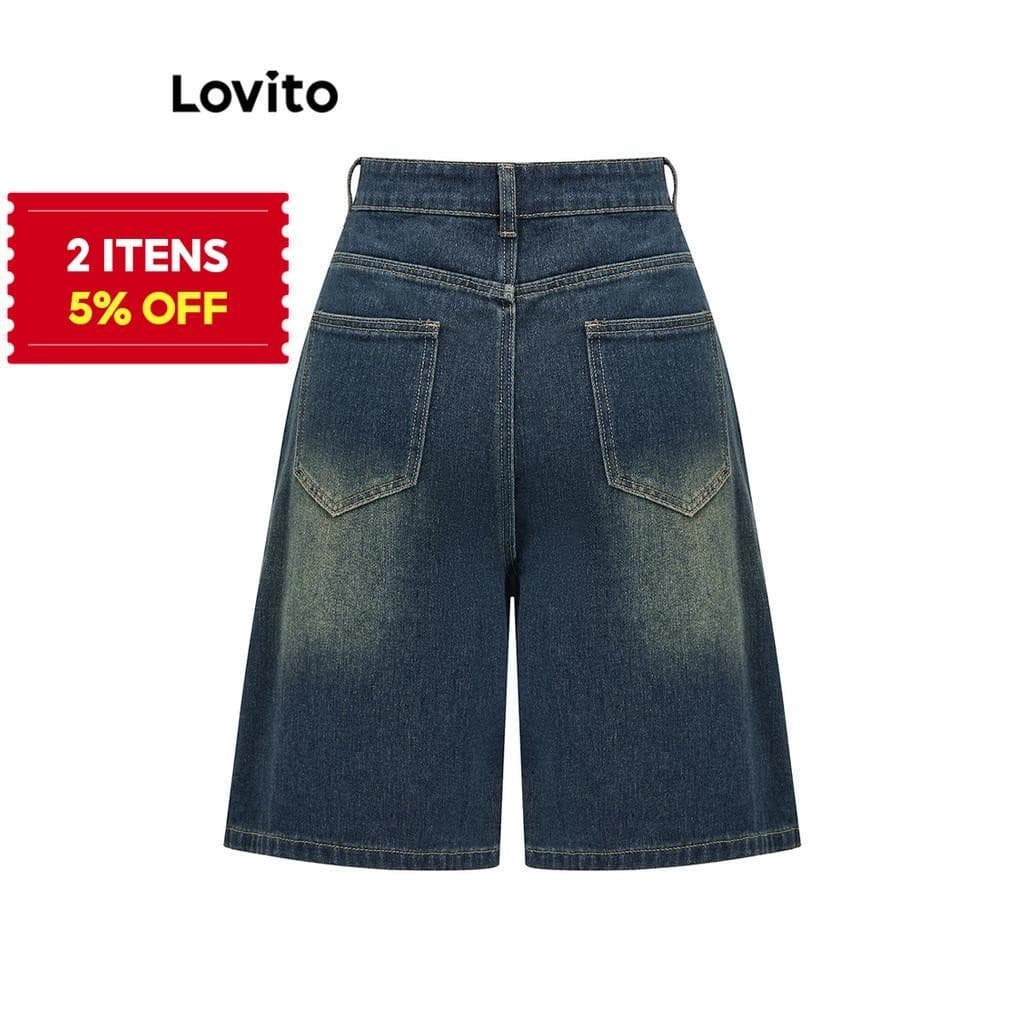 (Casual) Lovito Short Jeans Com Bolso Liso Para Mulheres L93AD053 (Multicolorido)