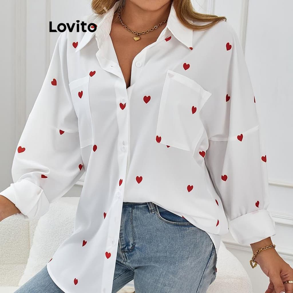 (Casual) Lovito Blusa Com Estampa Em Formato De Coração Para Mulheres LNL72073