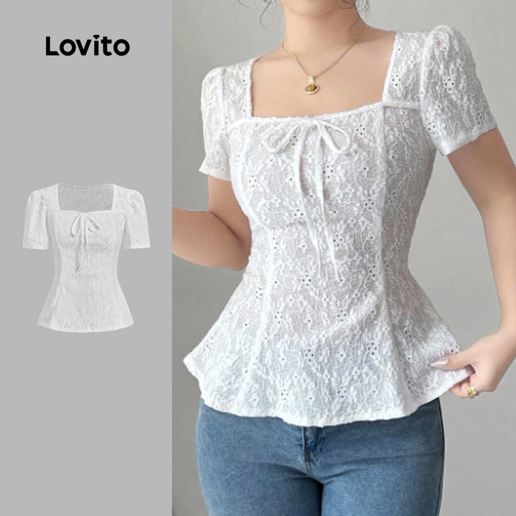 Lovito Elegante Camiseta Levemente Transparente Amarração Frontal Primavera/verão Off-white Camiseta Feminina L138ED075