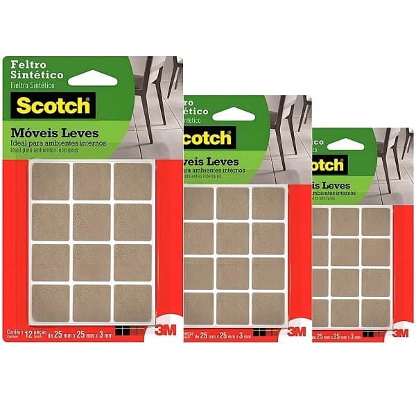 Kit 3 Feltro Adesivo Cadeira Sofa Quadrado SCOTCH 3M 25MM 12U