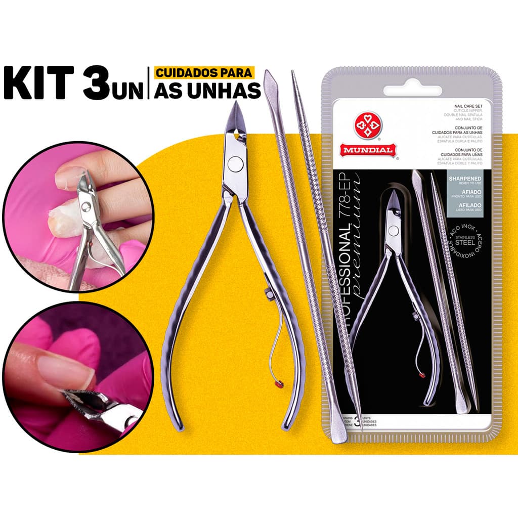 Kit Alicate Para Cutículas Com Espátula E Palito 778-EP Inox Profissional Mundial