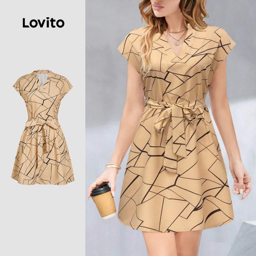 (Casual) Lovito Vestido Geométrico com Laços Primavera/verão Caqui para Mulheres Bordado L143ED121