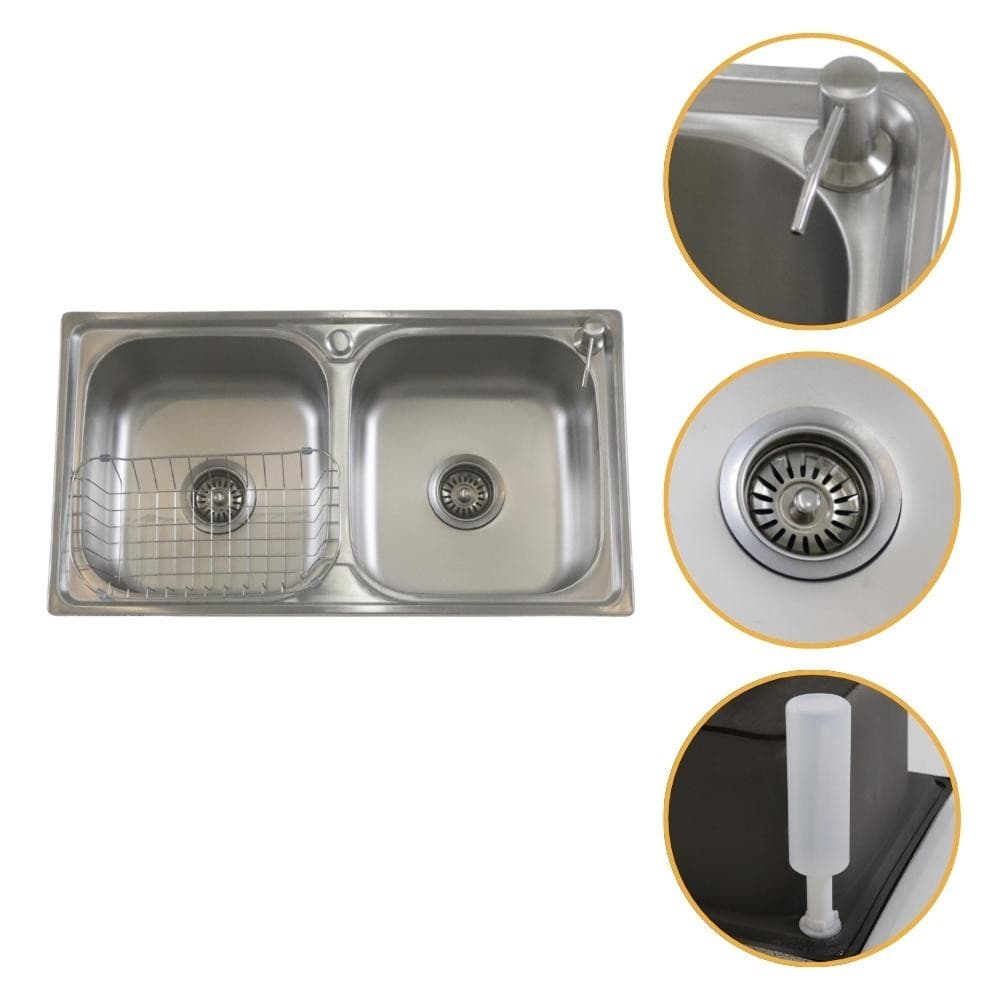 Pia Cuba Dupla  78x43 de Aço  Inox 201 com Escorredor Dosador e Válvulas para Cozinha Moderna