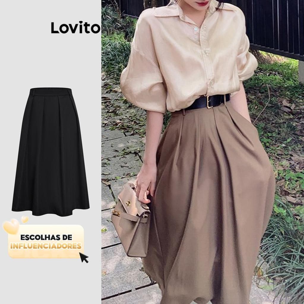 (KOL‘s pick) Lovito Elegante Saias Saias Plissadas Lisas Para Mulheres LNE21026 (Multicolorido)