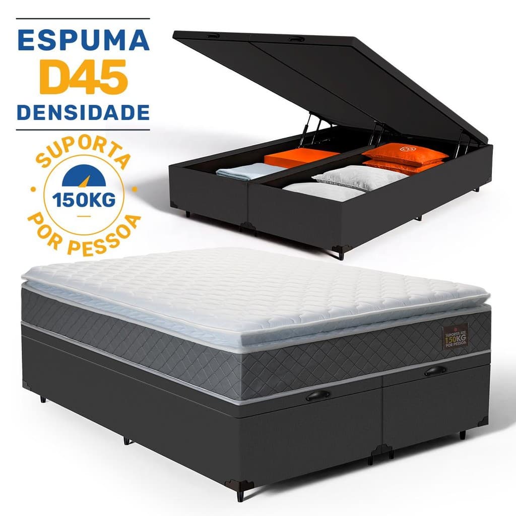Cama Box Baú com Colchão de Espuma D45 Pillow Top King 193cm