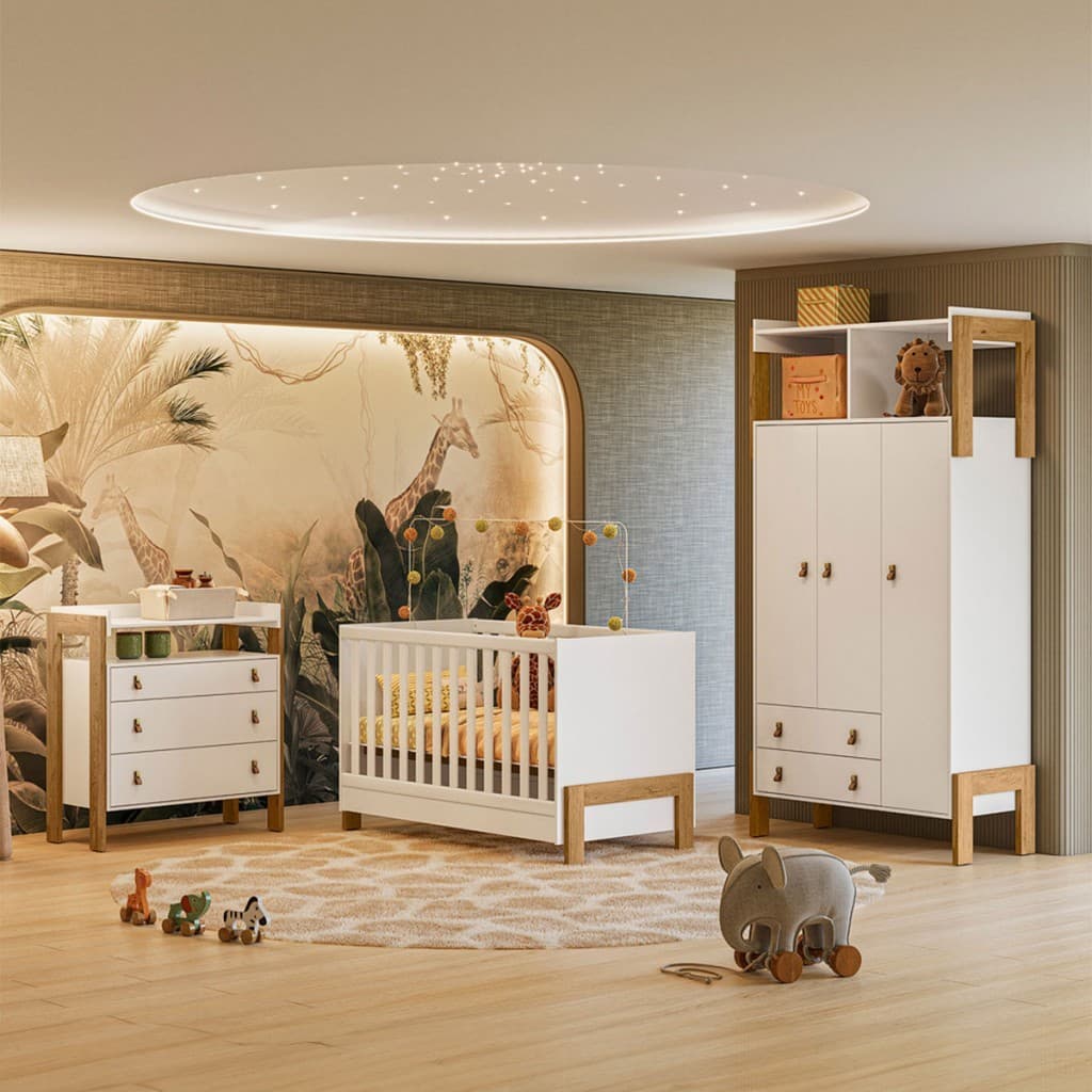Quarto Infantil Completo Safari 3 Portas 5 Gavetas Branco/Freijo - Pnr Móveis