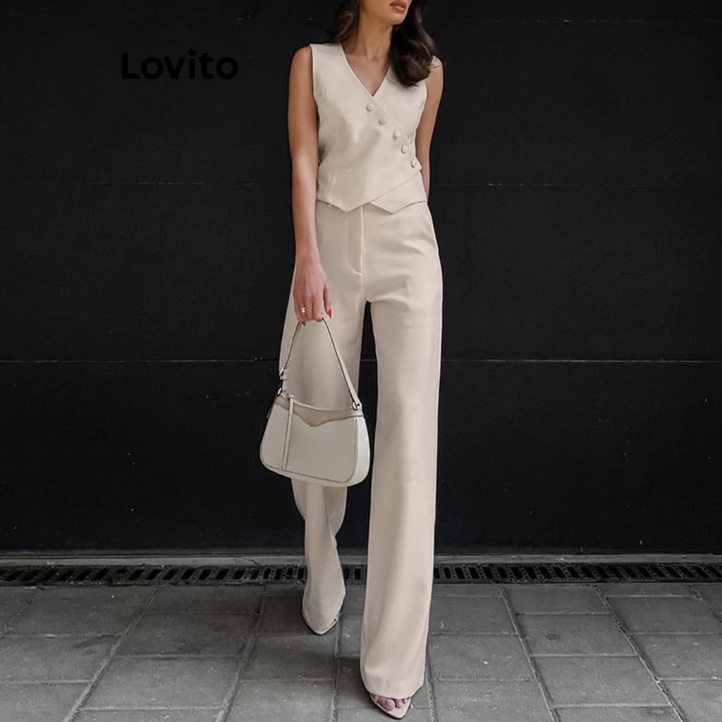 (Lovito x Ana) Elegante Conjunto Feminino Tops + Calças Assimétricas Frontais Botão Liso LNL35035 (Damasco/Preto)
