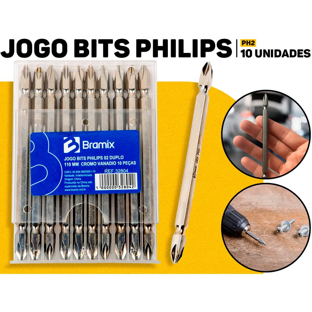 Jogo 10 Bits Duplos Philips 110mm CRV P/ Ferramentas Elétricas E Manuais Alta Qualidade Bramix