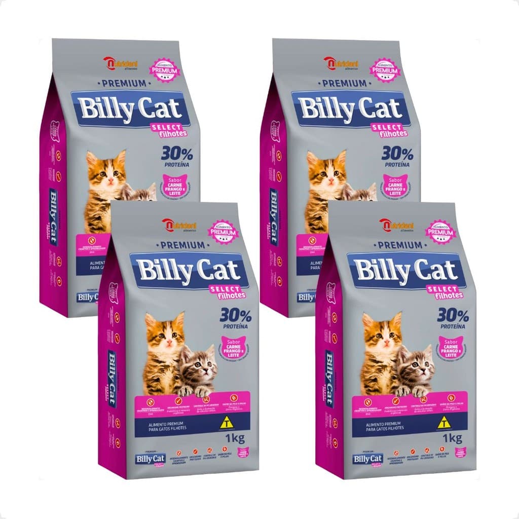 Kit 4 Ração Billy Cat Select Gatos Filhotes - 1Kg