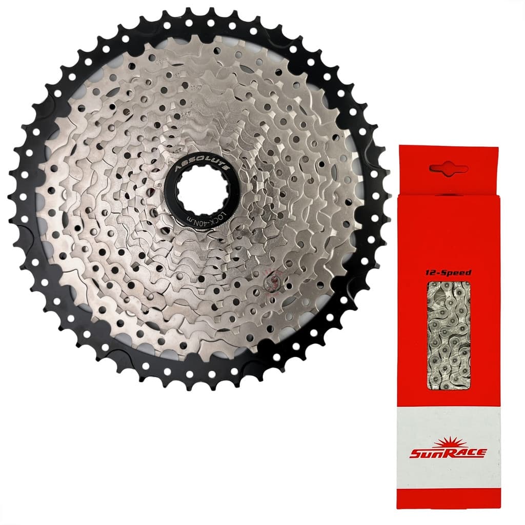 CASSETE 12V ABSOLUTE 11/50D + CORRENTE SUNRACE PRATA 126 ELOS - MTB