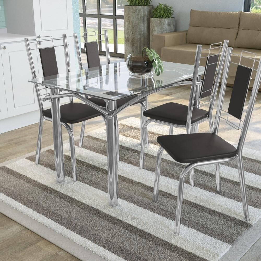Kit Conjunto Mesa Sala de Jantar Cozinha 4 Cadeiras 120 x 80 cm Vidro Metal Preto/Cromado