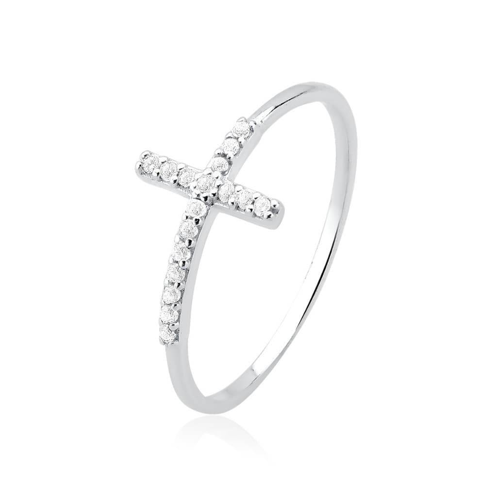 Anel Feminino de Prata 925 Cruz com Zircônias