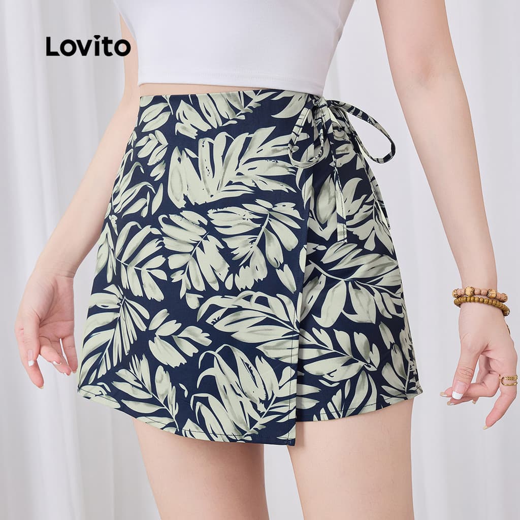 Lovito Férias Shorts com Cordão Zíper Primavera/verao para Mulheres Bordado L142ED626