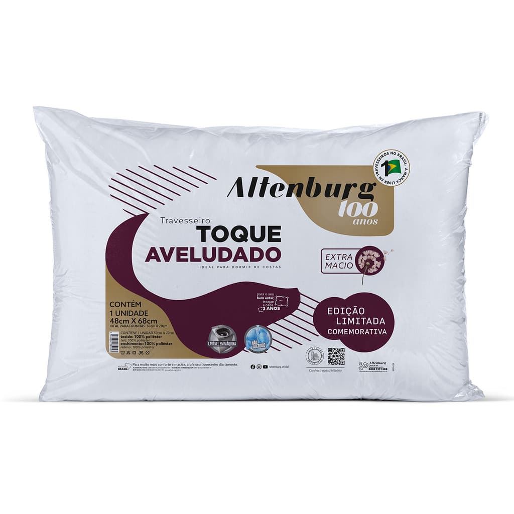 Travesseiro Altenburg Toque Aveludado 48x68cm Macio Confortável Enchimento Poliéster Alta Qualidade