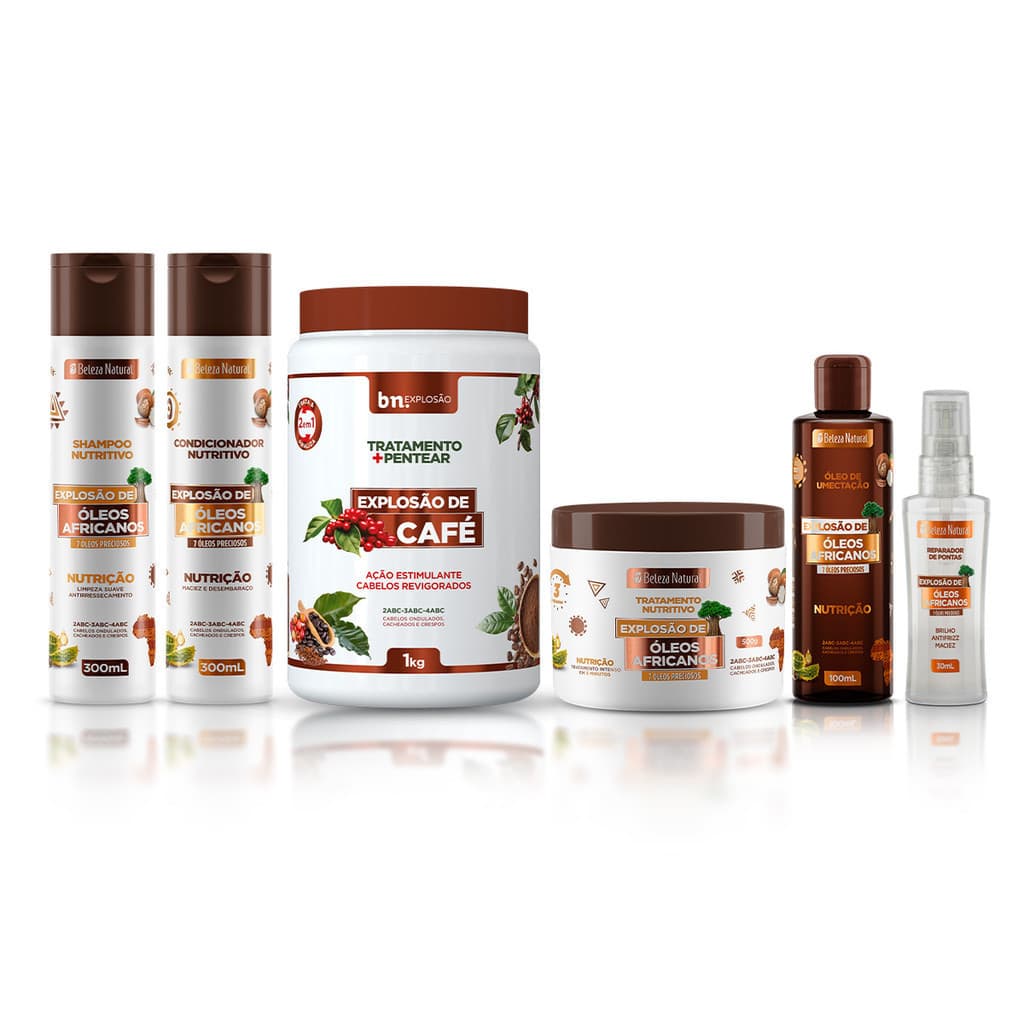 Kit Óleos Africanos + Tratamento e Pentear Café + 2 Óleo bn.Cachos