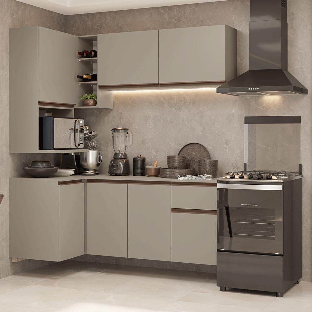 Armário de Cozinha Completa de Canto 265 cm Suspensa Crema Nice Madesa 06