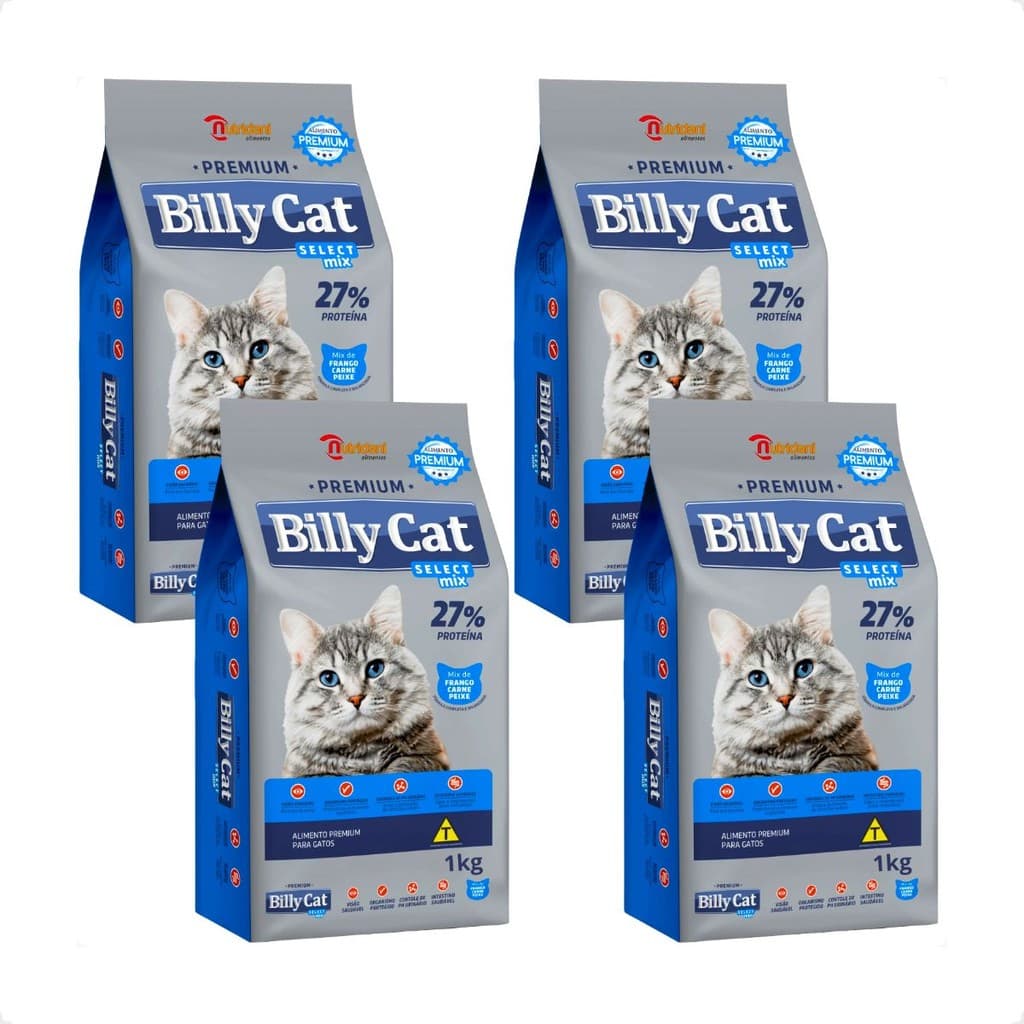 Kit 4 Ração Billy Cat Select Gatos Adultos Mix - 1Kg