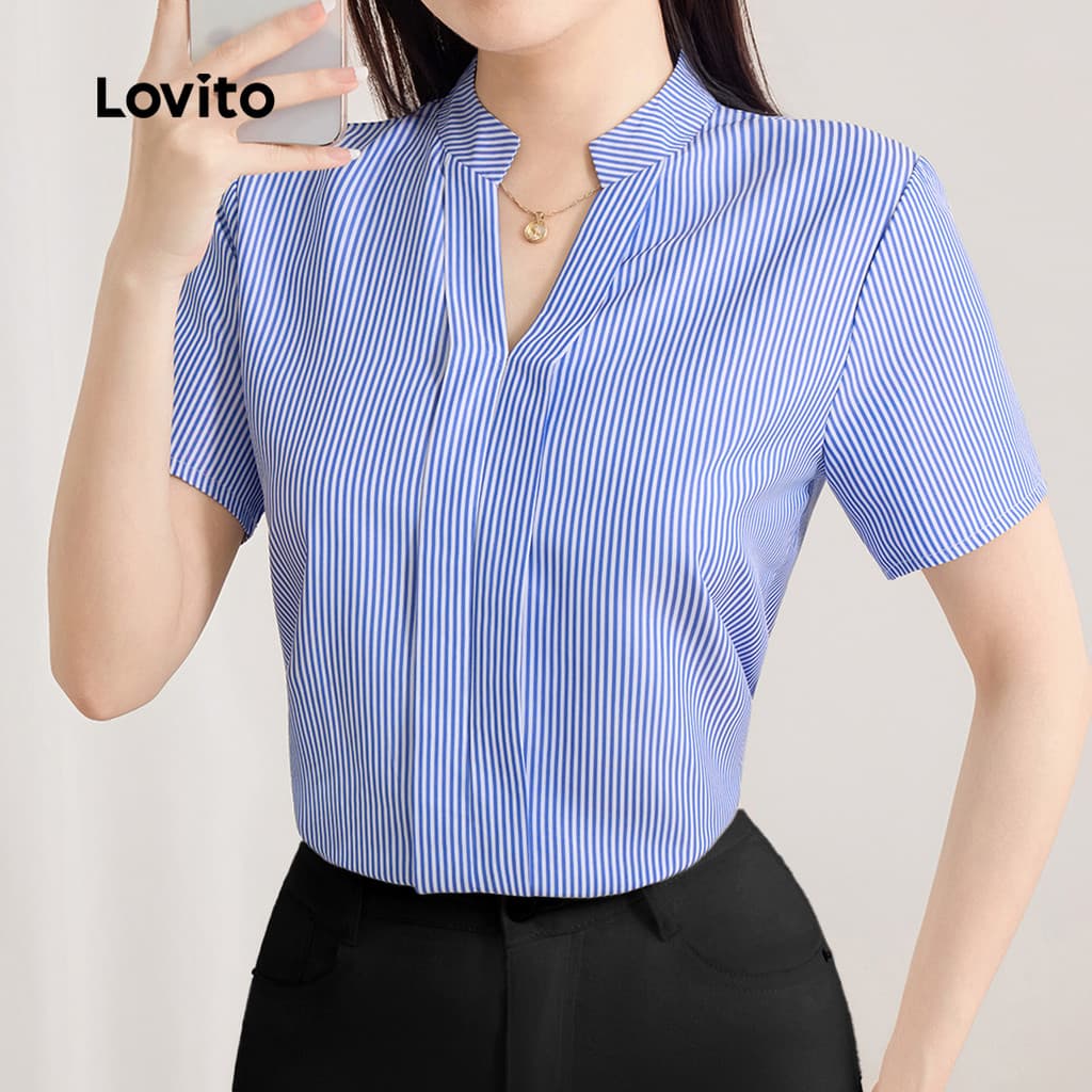 (Elegante) Lovito Blusa de Primavera/verão Azul para mulheres L243AD605