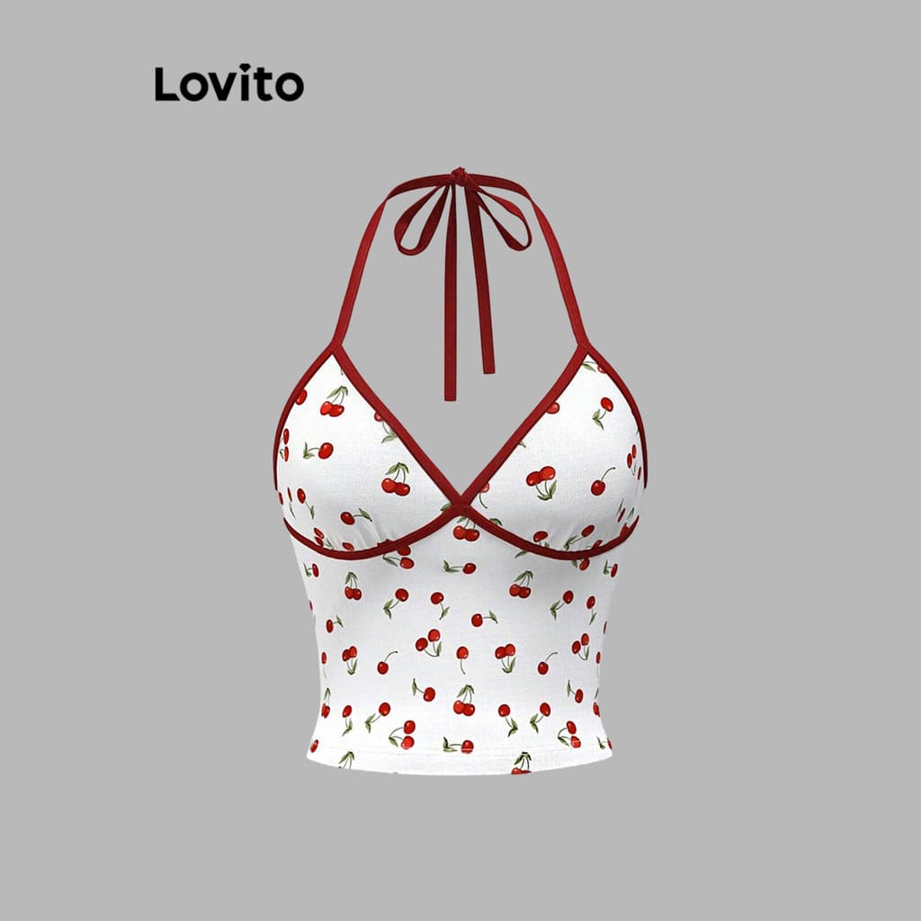 Lovito Casual Regata Feminina Fofa Com Estampa De Frutas E Vegetais Cadarço E Detalhes Contrastantes Cropped L108ED343