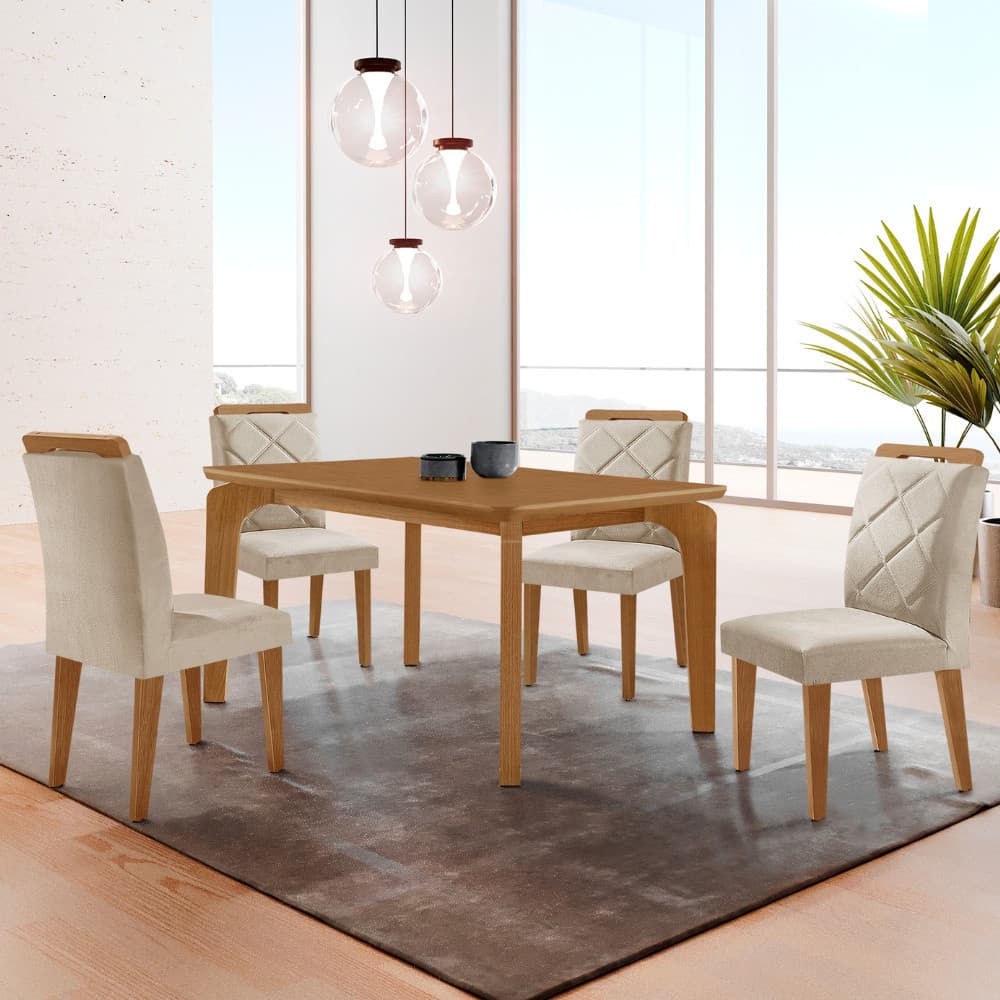 Mesa de Jantar Liz 120cm MDF Canto copo e com 4 Cadeiras Melissa