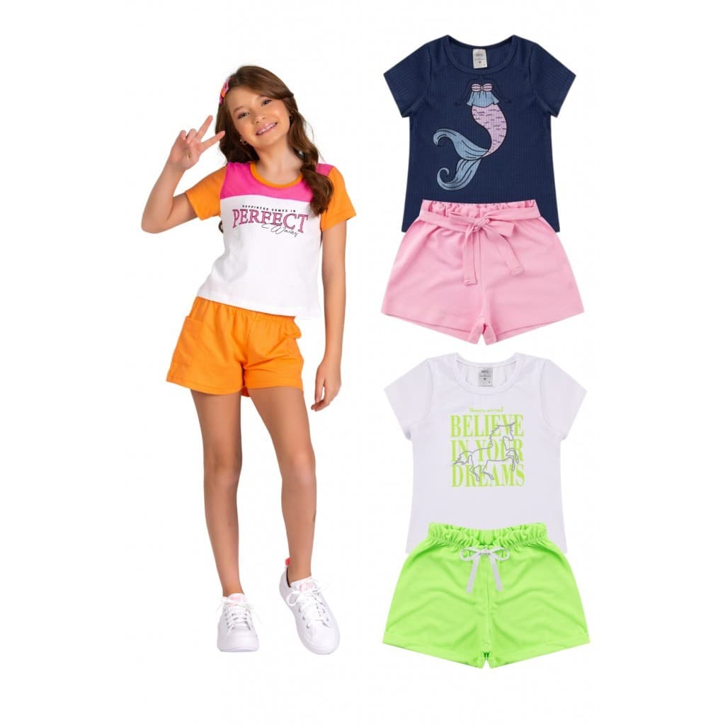 Kit Sortido 4 Peças de Roupas Infantis Feminino Verão - 2 Camisas + 2 Shorts