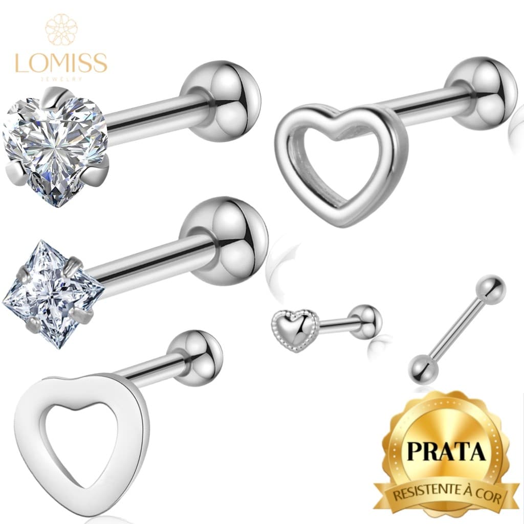 Piercing Helix Flat Minibarbell Prata 925 Coração Conch Orelha Ponto de Luz Lingua