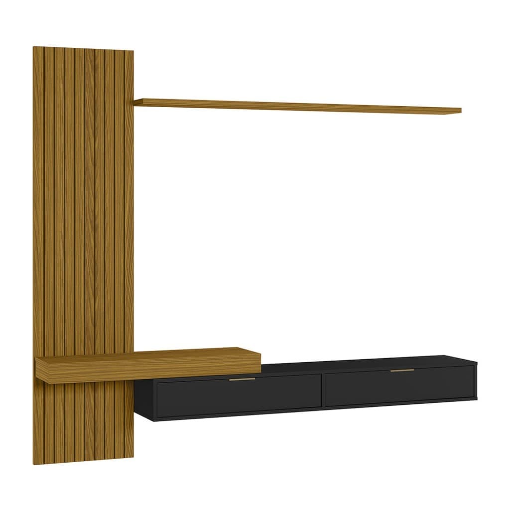 Painel Italy Ripado P/Tvs até 65" 180cm Tv na Parede Nicho C/Portas Basc Cedro/Preto - Olivar Móveis