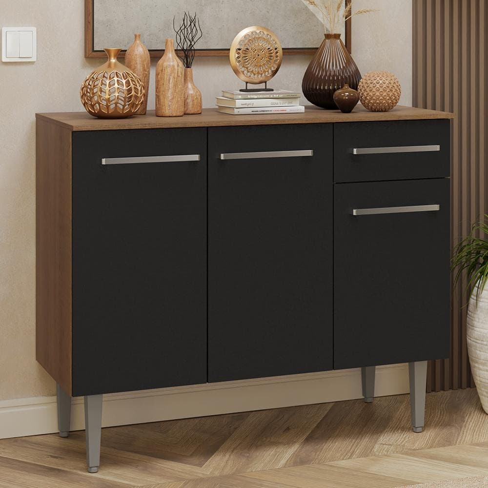 Buffet Aparador 105cm 3 Portas e 1 Gaveta Rustic/Preto Madesa