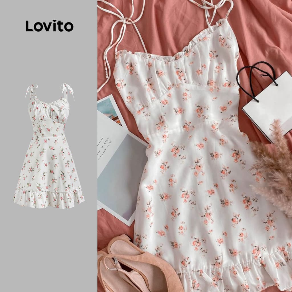 Lovito Curto Férias Vestido Feminino Com Babados E Estrutura De Renda Fofo Floral Bainha Plissada Verão/primavera L120LD1273