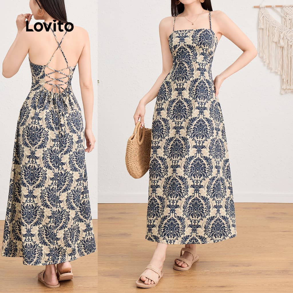 Lovito Boho Férias Vestido Tribal Print Backless Criss Cross Padrão para Mulheres L L124AD1198