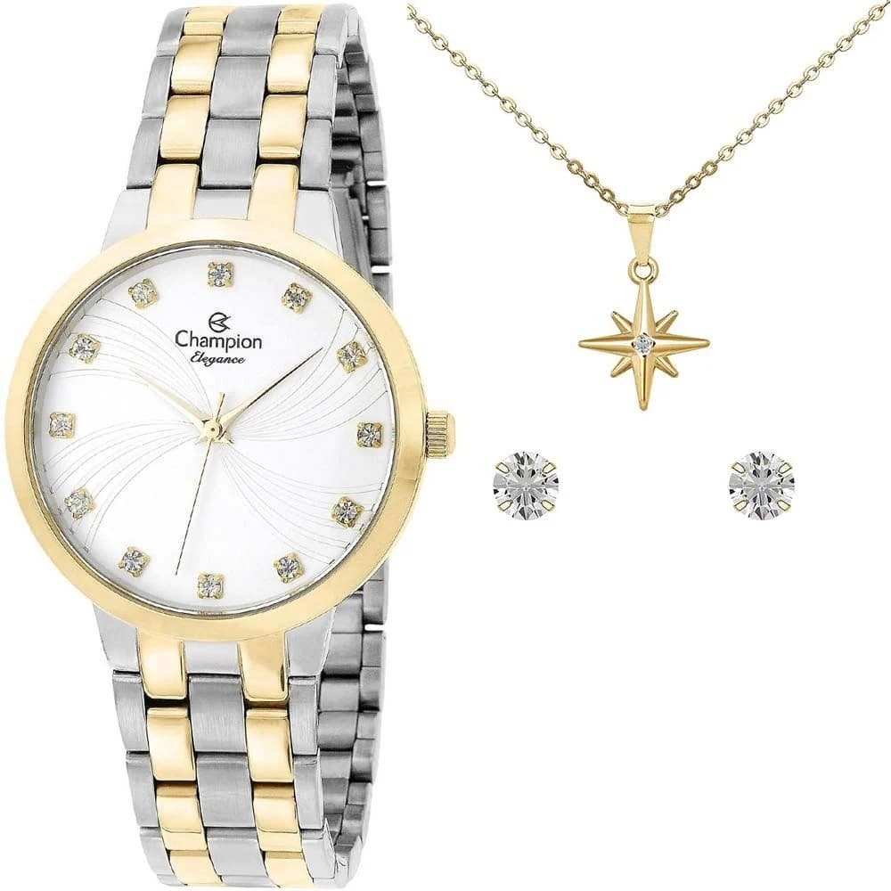 Relógio Feminino Champion Prata com Dourado Original CN24084B Com Pedras Kit Colar e Brincos Presente Mulheres