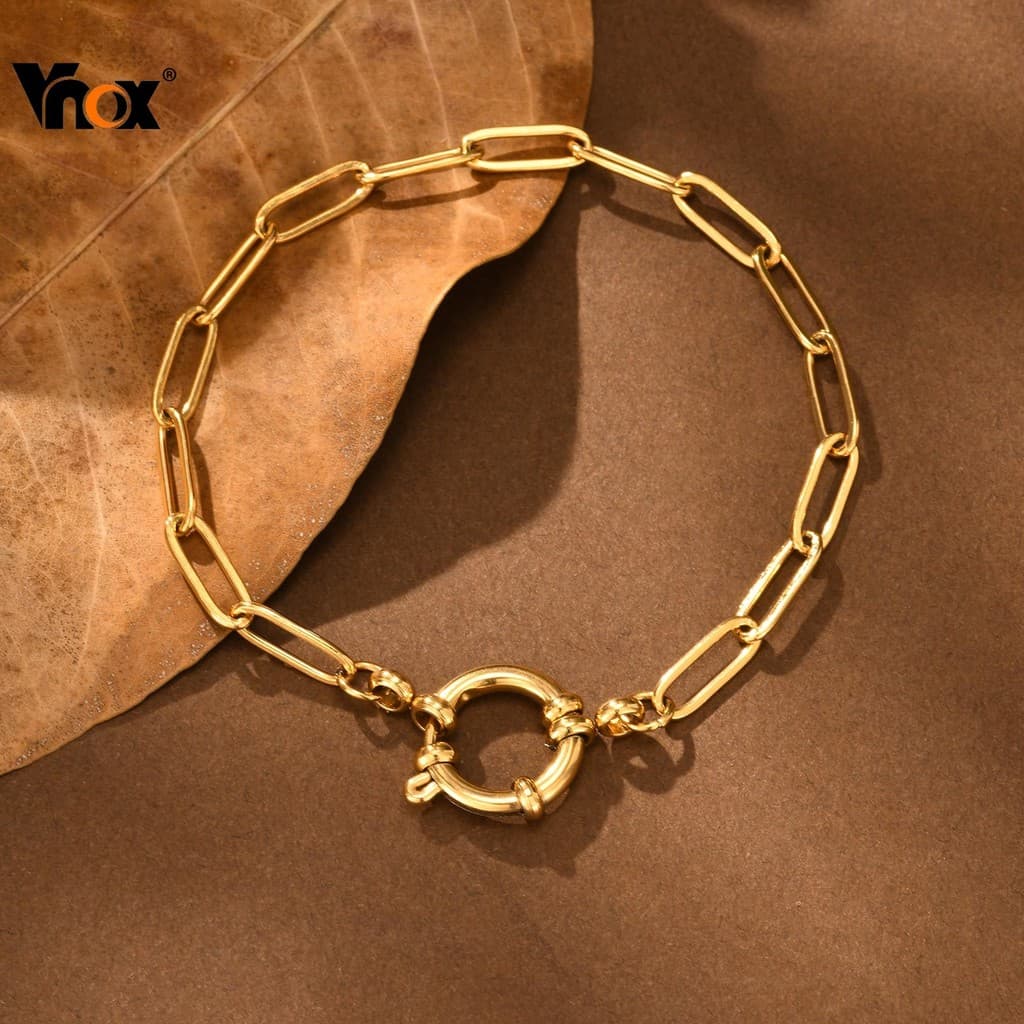 Vnox Fivela Clipe De Papel Corrente Pulseira 18K Banhado A Ouro Pulseiras De Mão Femininas Joias De Aço Inoxidável Prese