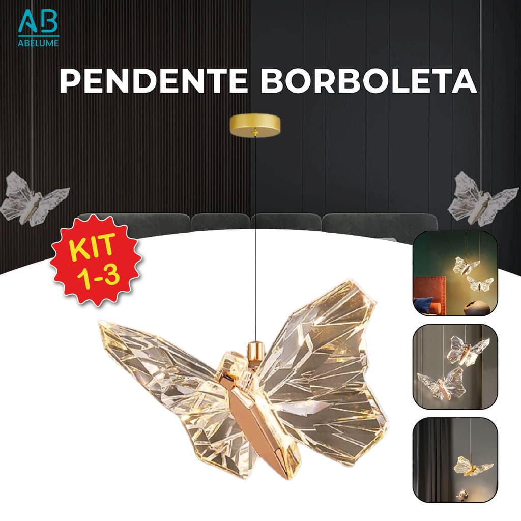 Luminária Pendente Lustre Borboleta de Luxo Cristal Dourada Moderna 3 Tons de Luz Bivolt