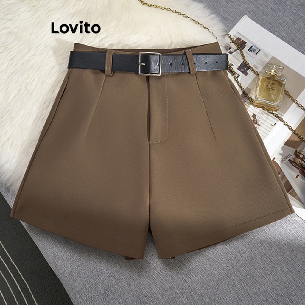 (KOL‘s pick) Lovito Elegante Shorts Feminino Liso LNE29232 (Marrom)