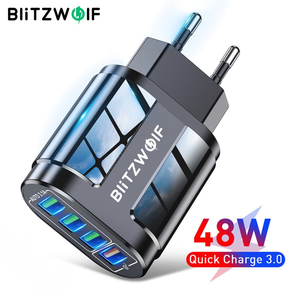BlitzWolf ® BK-385 48W 4 Portas USB QC 3.0 Carregador Rápido Adaptador De Tomada Ue Para Carregamento De Viagem Na Pared