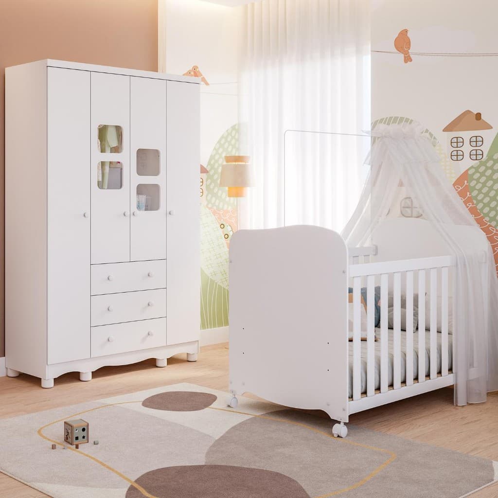 Quarto de Bebê Completo Uli com Guarda Roupa 4 Portas 3 Gavetas e Berço Americano 100% MDF
