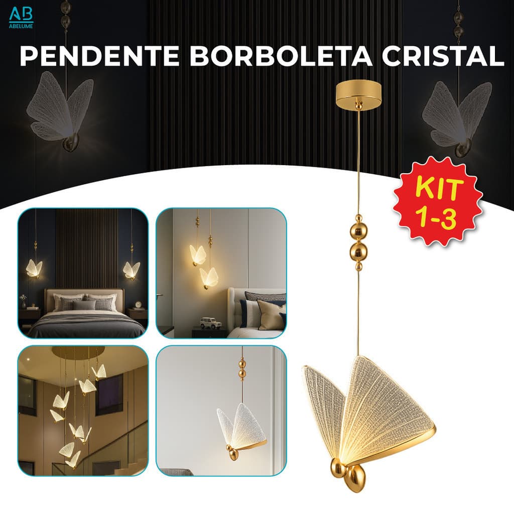 Pendente Luminária Dourada Borboleta Led 3 Cores de Luz Lâmpada de teto Bivolt