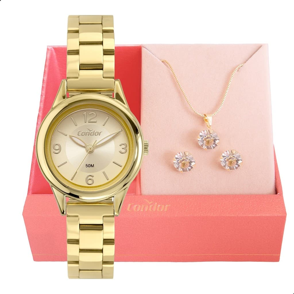 Relógio Dourado feminino, Condor Dourado, pequeno, CO2035NAQ/K4X Conjunto Colar e Brinco Feminino