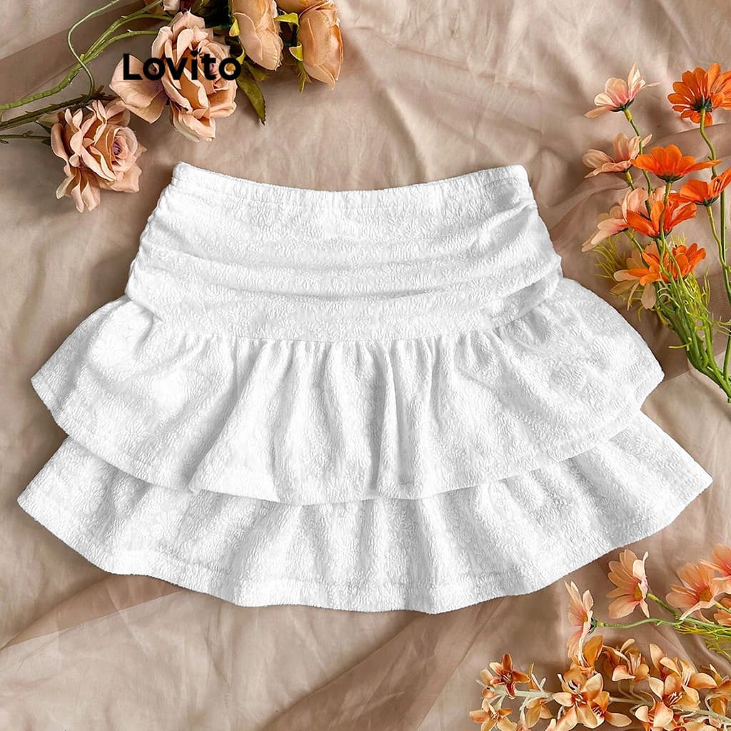 Lovito Casual Saia Plissada Em Camadas Lisas E Fofas Para Mulheres L106AD530