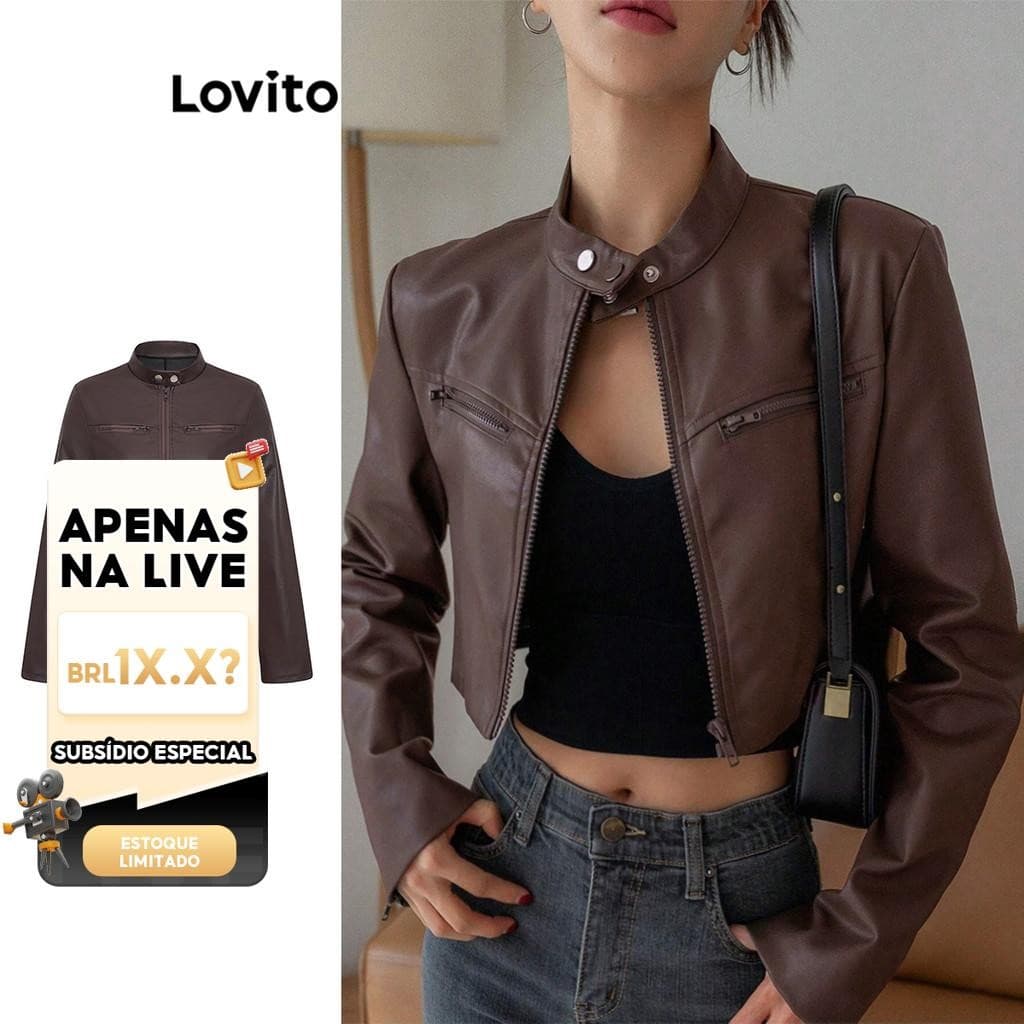 (Live Hosts' pick) Lovito Casual  Jaqueta lisa com zíper e pontas para mulheres L106AD280