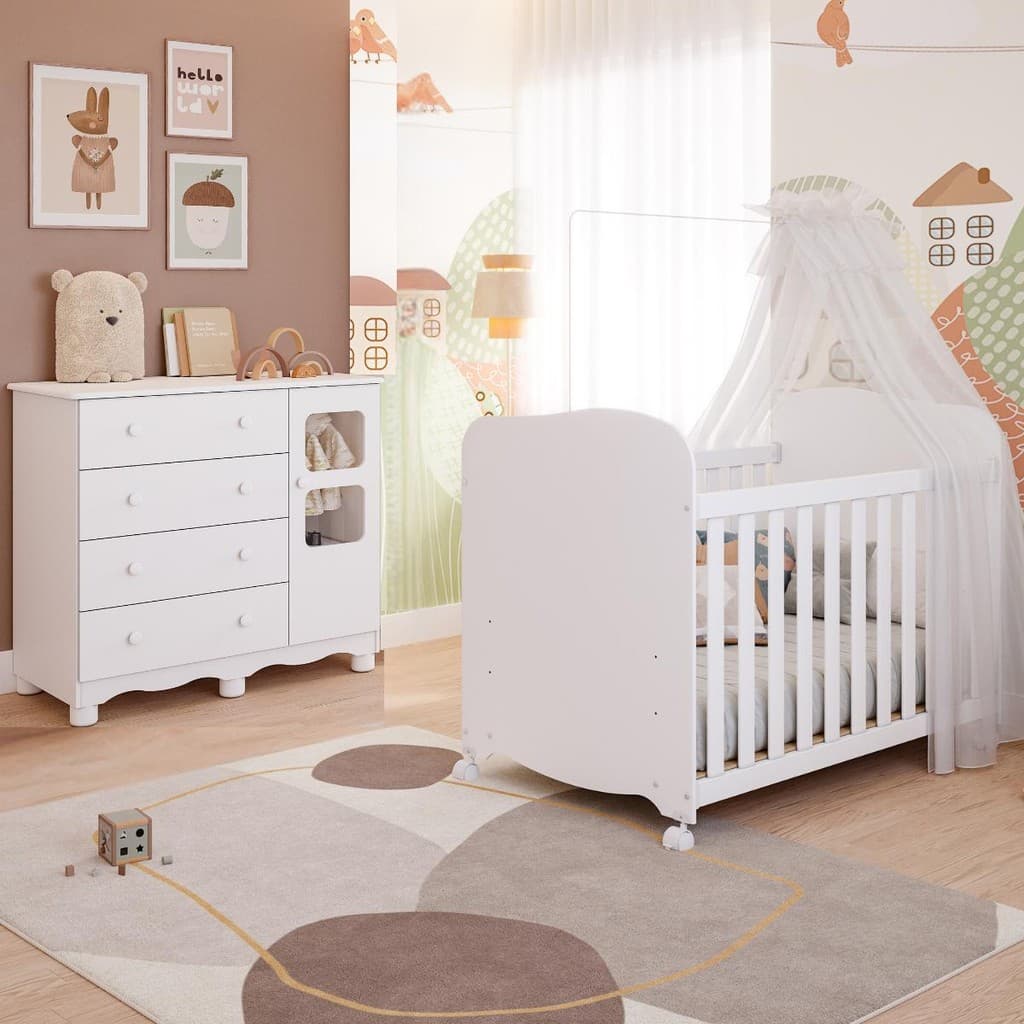 Quarto De Bebê Completo 100% MDF Berço Americano E Cômoda Uli Faura