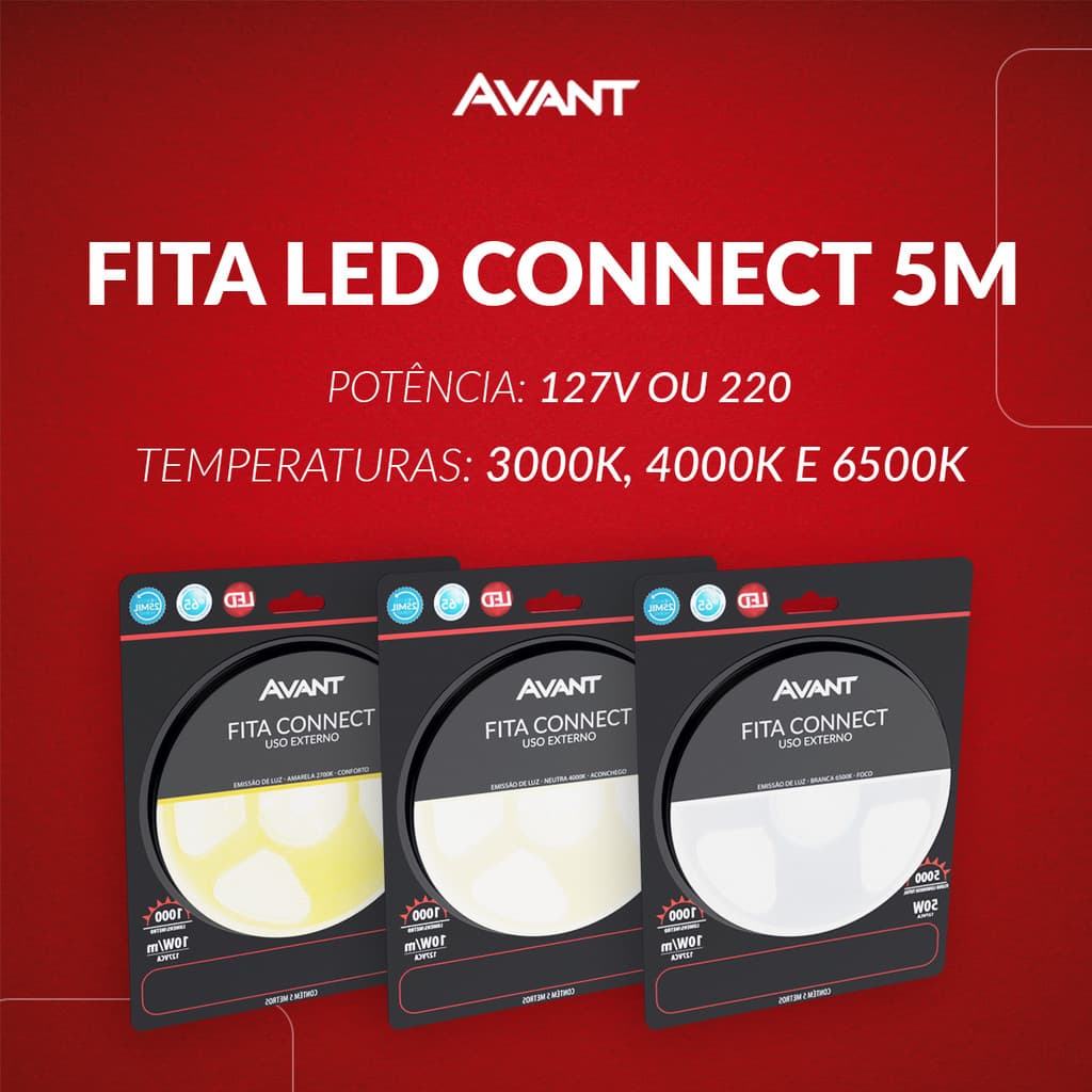 Kit 5 Metros Fita Led Connect 10w 2700k, 4000k ou 6500k Tensão Direta 120 leds   - Avant