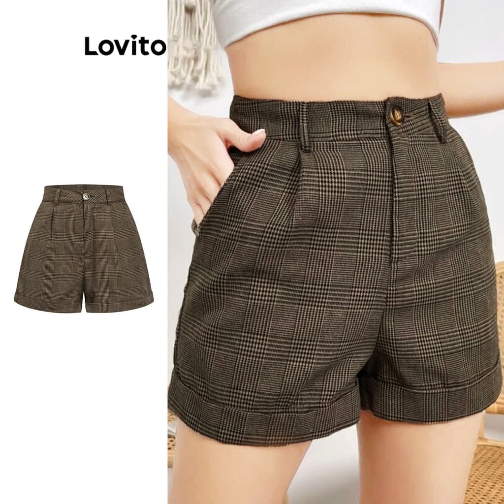 Lovito Casual Shorts Xadrez Com Bolso Curto Para Mulheres L108ED670