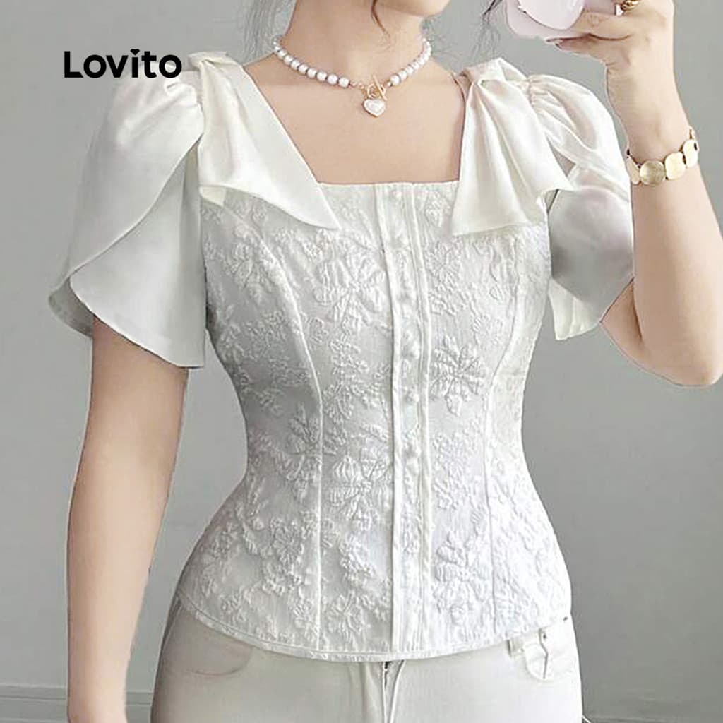 Lovito Elegante Blusa de Tecido com Laço Costurado Primavera/verão Branca Off para mulheres L146ED015