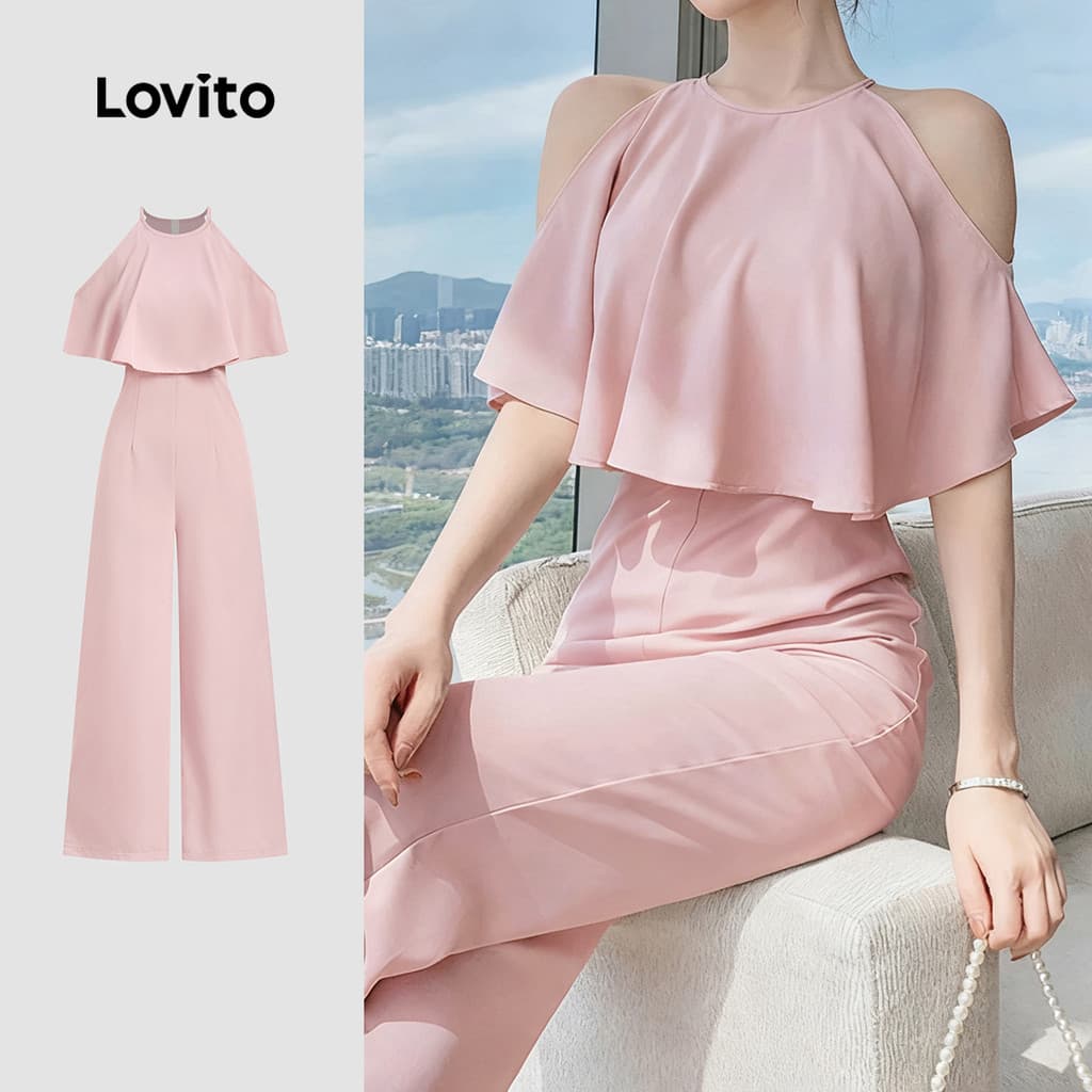 (Lovito x Ana) Elegante Macacão com Babados Na Primavera/verão Macacão Rosa para Mulheres L184ED890