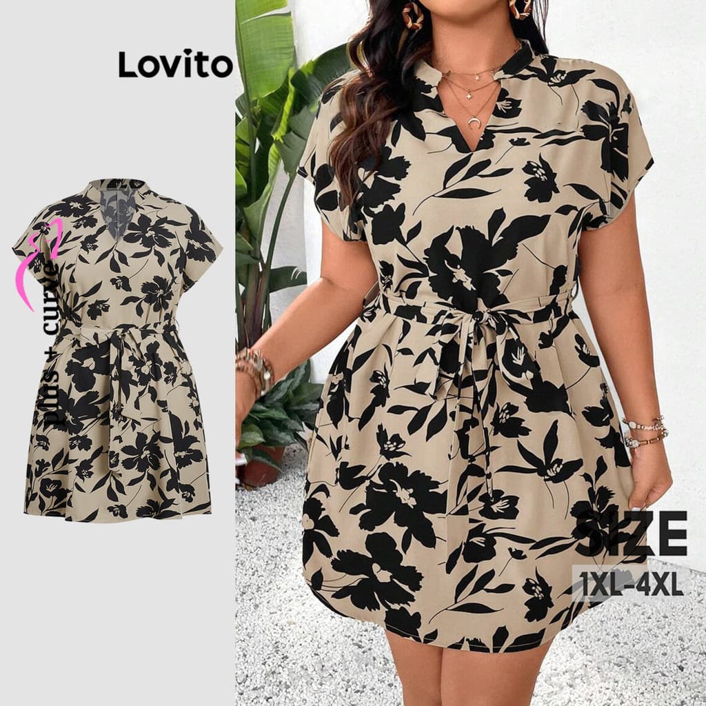 Lovito Vestido Casual Curva Plus Size Floral Com Cinto Padrão Vestido De Verão Para Mulheres LBL20284